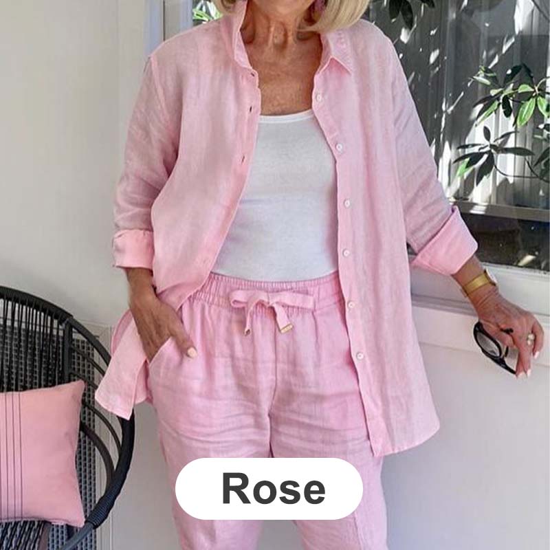 Bluză cu mânecă lungă din bumbac și lenjerie pentru femei și set de pantaloni-14