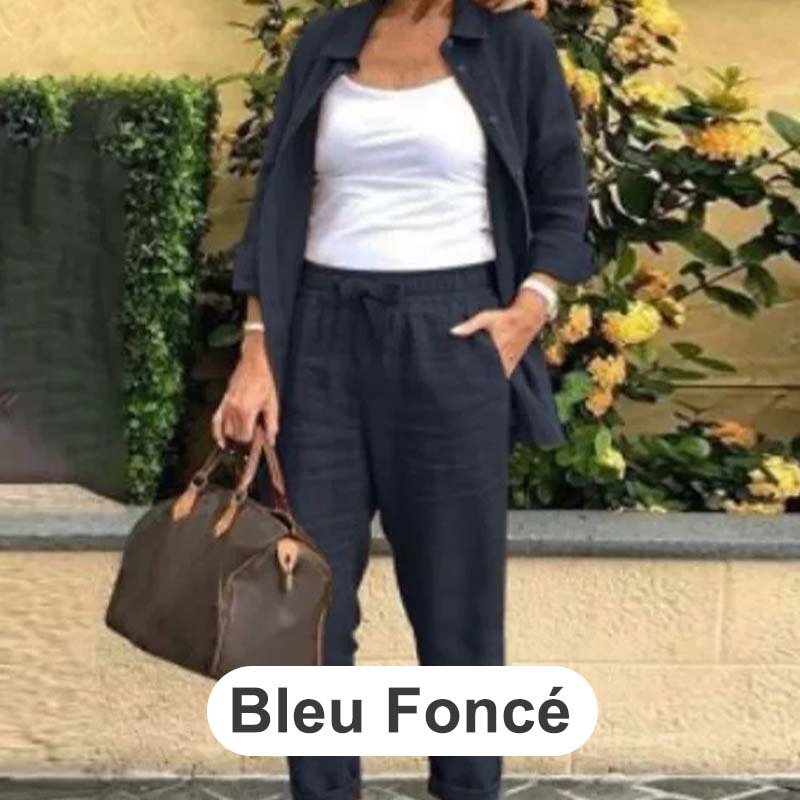 Bluză cu mânecă lungă din bumbac și lenjerie pentru femei și set de pantaloni-16
