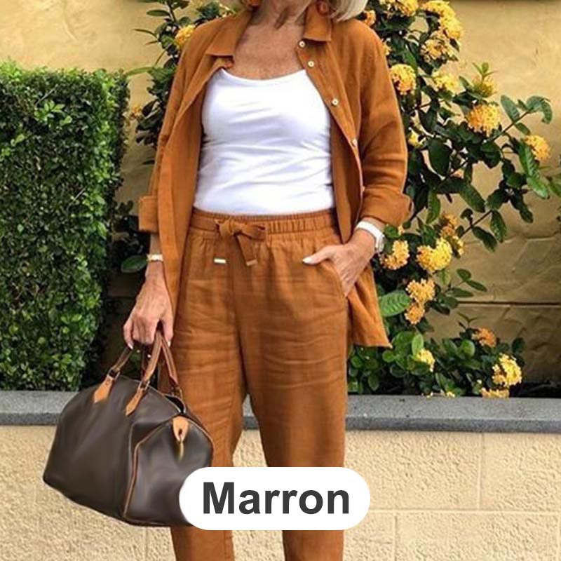 Bluză cu mânecă lungă din bumbac și lenjerie pentru femei și set de pantaloni-15