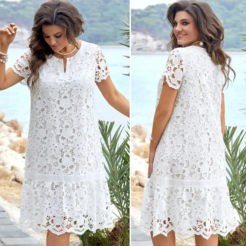 【✨2024 Produse noi】💃Rochie florală albă cu decupaj elegant - Mărime mare-2