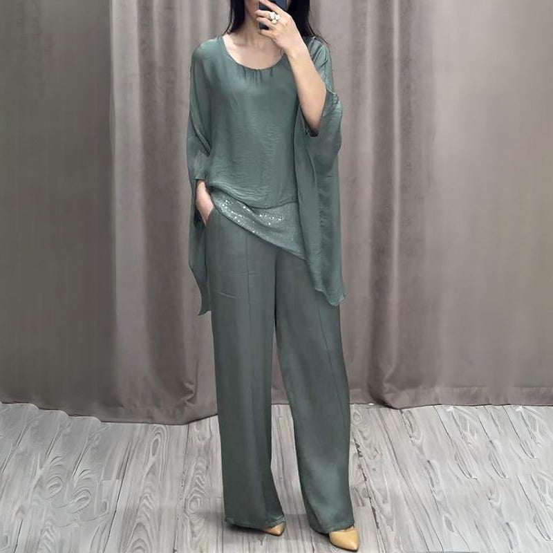 💗Set de mătase pentru femei din două piese strălucitoare, cu top și pantaloni-5