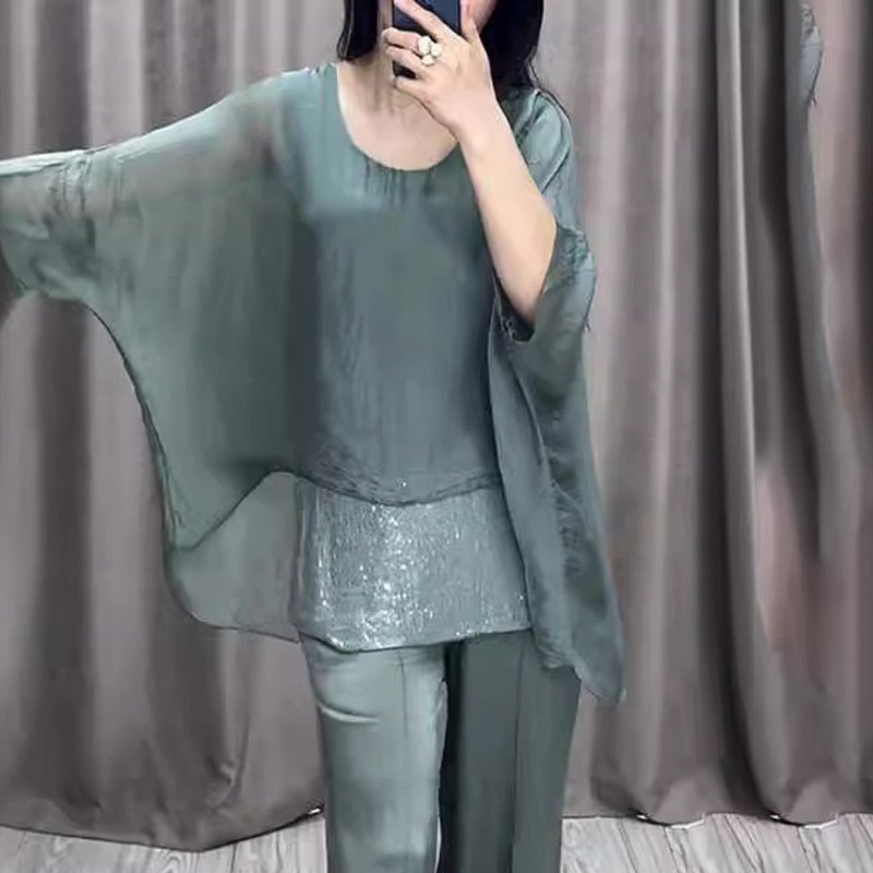 💗Set de mătase pentru femei din două piese strălucitoare, cu top și pantaloni-1