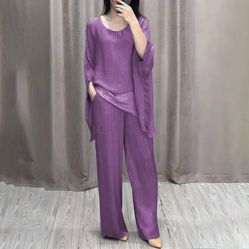 💗Set de mătase pentru femei din două piese strălucitoare, cu top și pantaloni-4