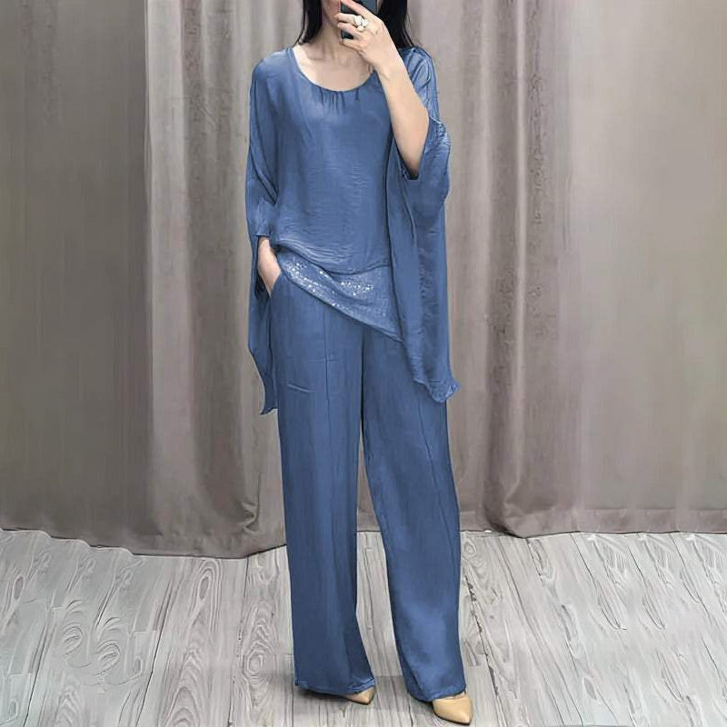 💗Set de mătase pentru femei din două piese strălucitoare, cu top și pantaloni-2