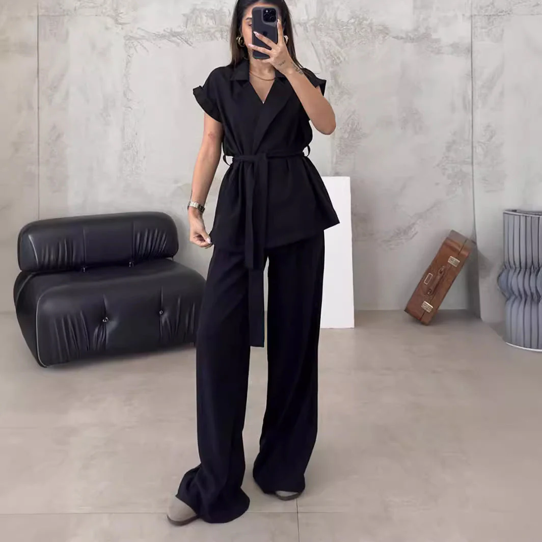 Top cu rever fără mâneci Pantaloni cu talie înaltă Set 2 piese-2