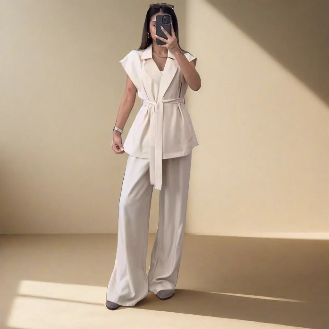 Top cu rever fără mâneci Pantaloni cu talie înaltă Set 2 piese-3