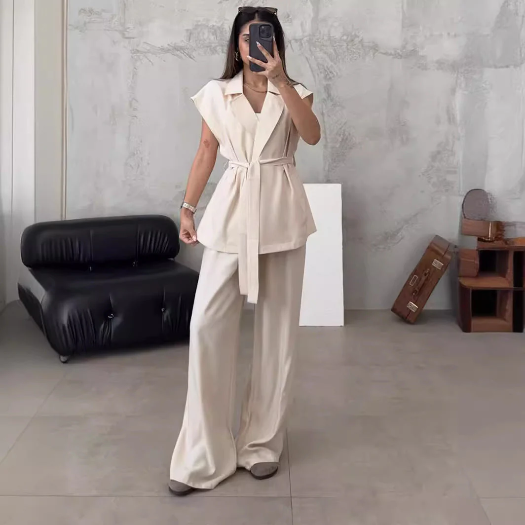 Top cu rever fără mâneci Pantaloni cu talie înaltă Set 2 piese-6