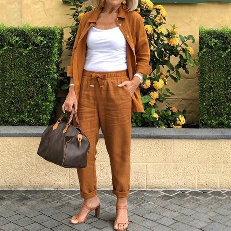 Bluză cu mânecă lungă din bumbac și lenjerie pentru femei și set de pantaloni-1