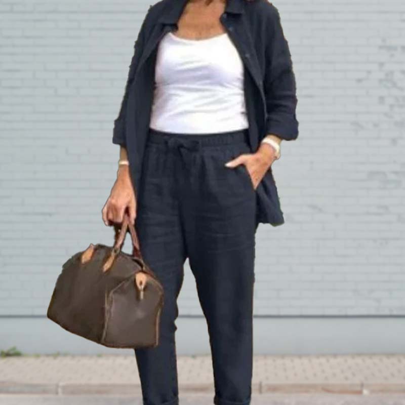 Bluză cu mânecă lungă din bumbac și lenjerie pentru femei și set de pantaloni-7