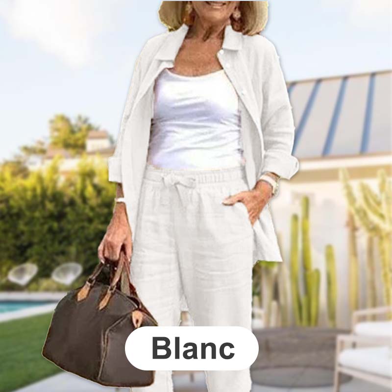 Bluză cu mânecă lungă din bumbac și lenjerie pentru femei și set de pantaloni-8
