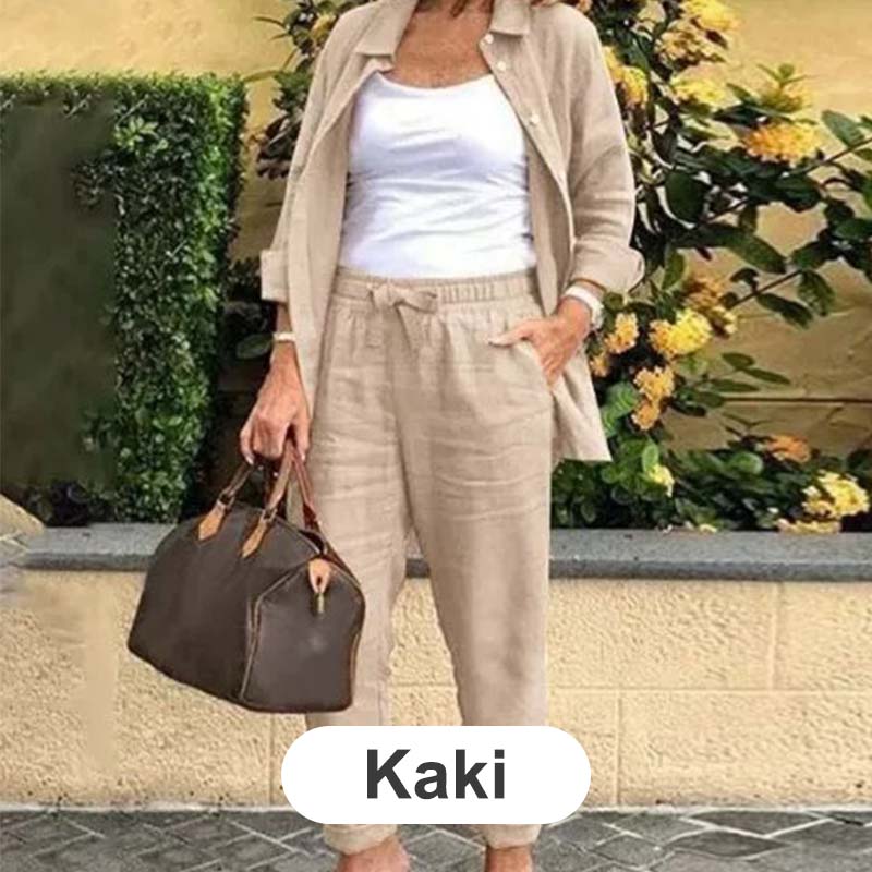 Bluză cu mânecă lungă din bumbac și lenjerie pentru femei și set de pantaloni-10