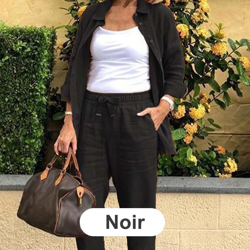 Bluză cu mânecă lungă din bumbac și lenjerie pentru femei și set de pantaloni-13