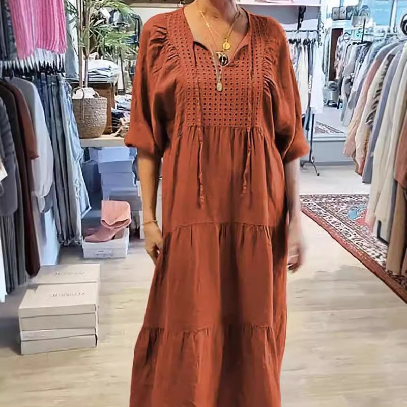 【✨Atât de mult pentru eleganță】👗Rochie lungă de culoare solidă cu gât în V pentru femei-3