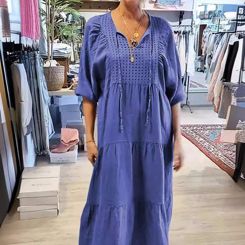 【✨Atât de mult pentru eleganță】👗Rochie lungă de culoare solidă cu gât în V pentru femei-4