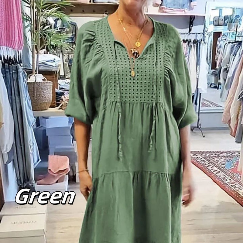 【✨Atât de mult pentru eleganță】👗Rochie lungă de culoare solidă cu gât în V pentru femei-10