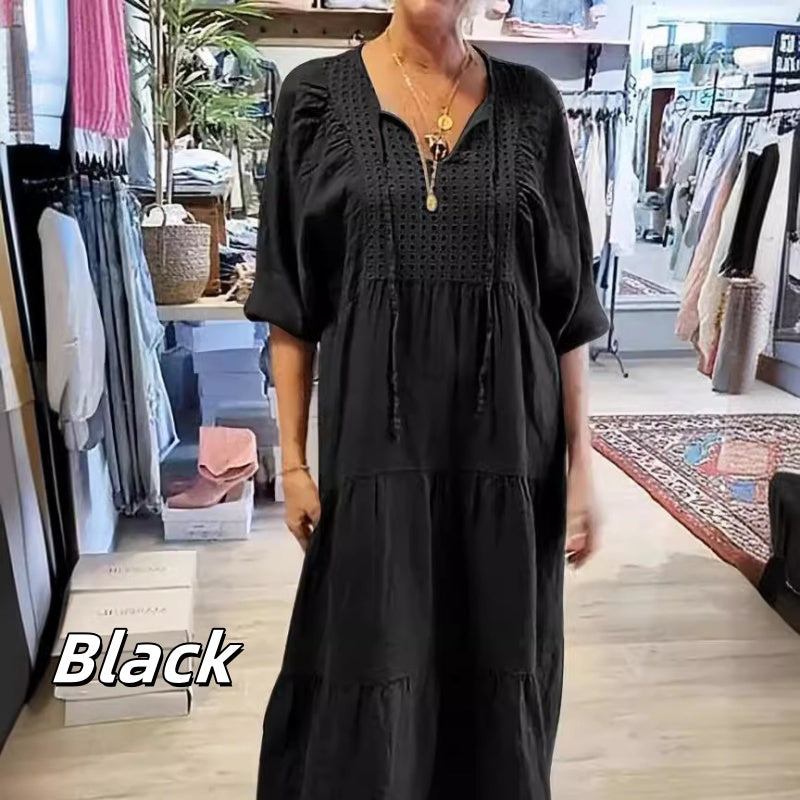 【✨Atât de mult pentru eleganță】👗Rochie lungă de culoare solidă cu gât în V pentru femei-9