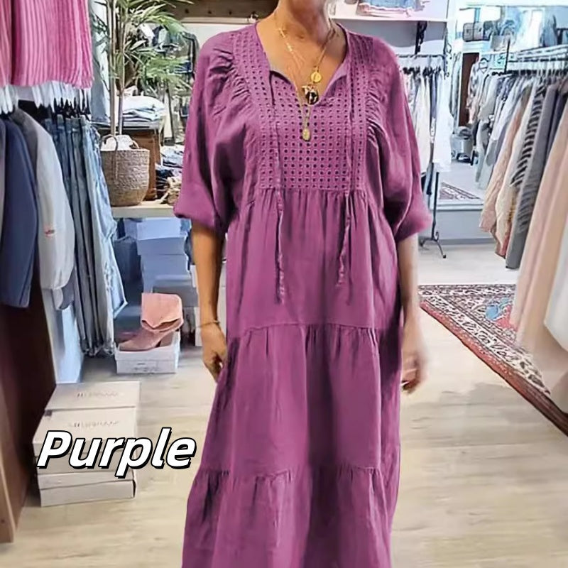 【✨Atât de mult pentru eleganță】👗Rochie lungă de culoare solidă cu gât în V pentru femei-12