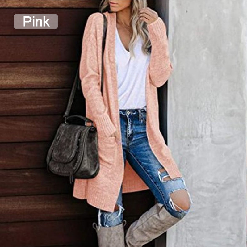 Pulover casual cu mâneci lungi tricotat cu fața deschisă pentru femei-14