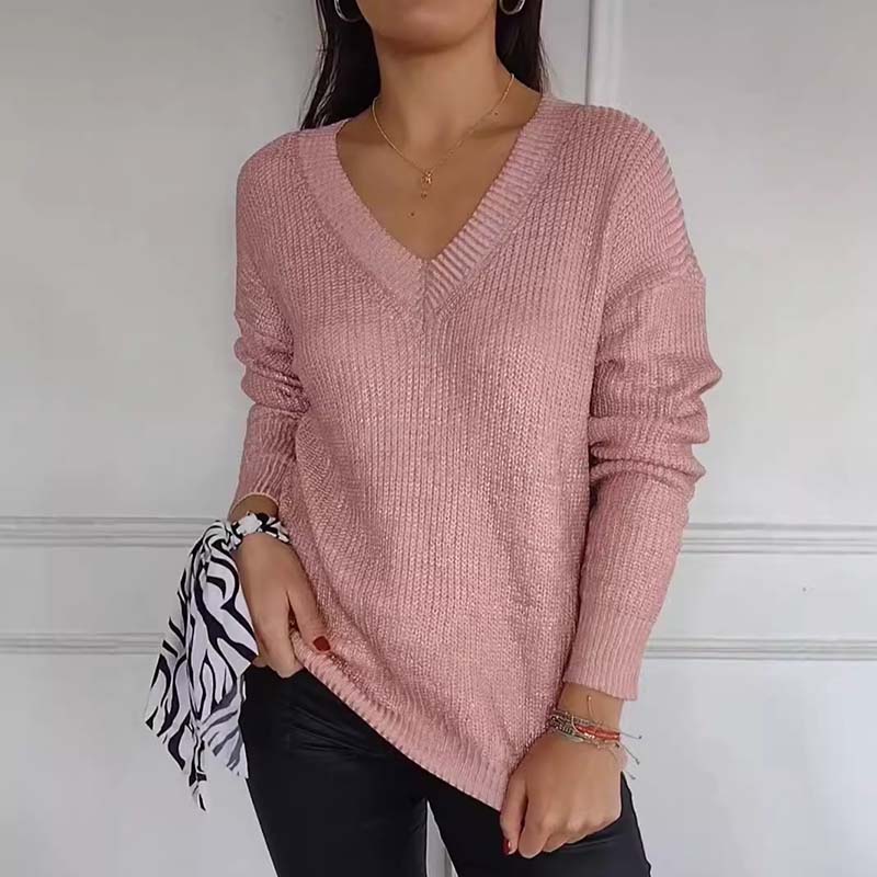 ✨Pulover tricotat pentru femei cu luciu metalic și decolteu ascuțit-5