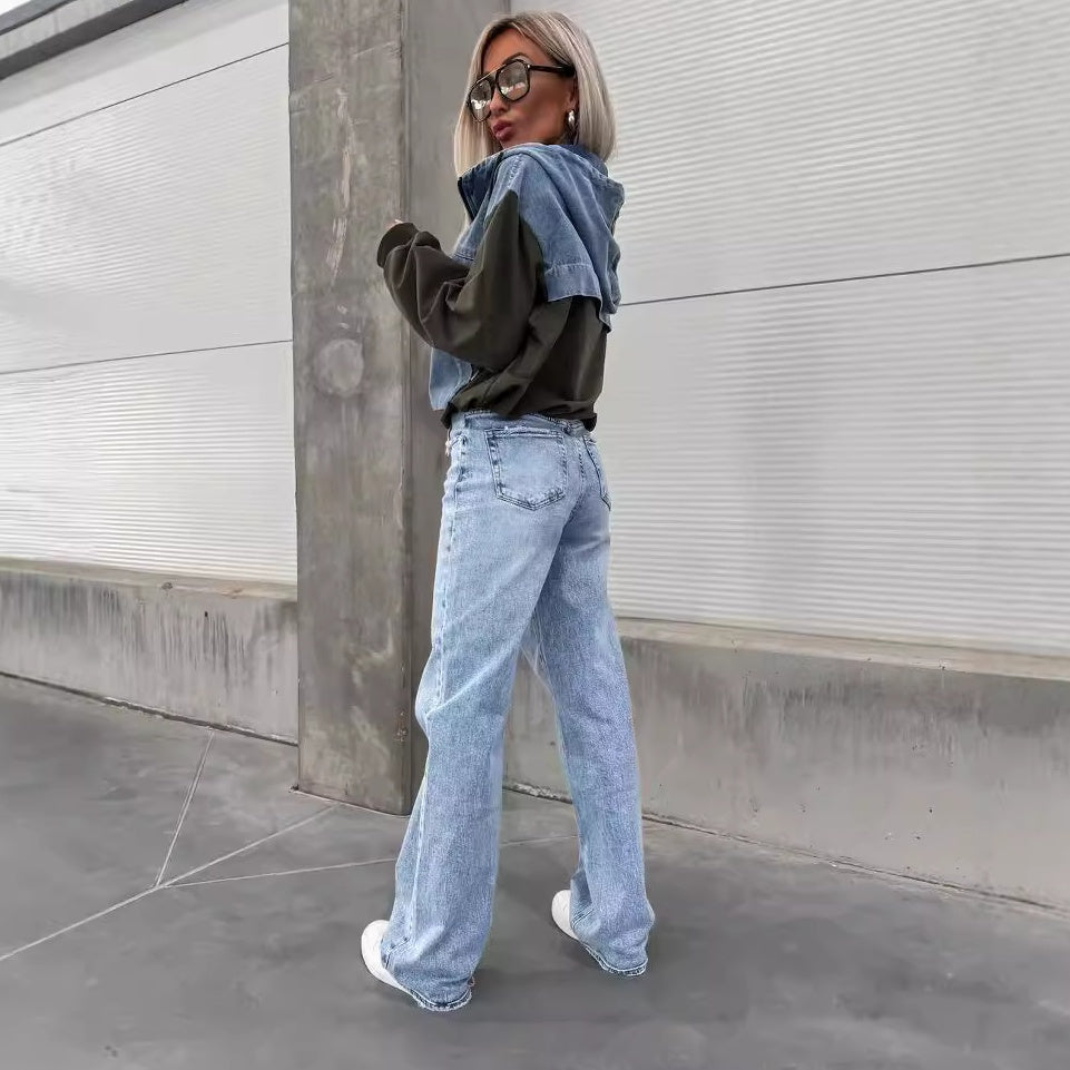 💕Femeii Stratificat Hoodie Denim Jacket cu cordon-3