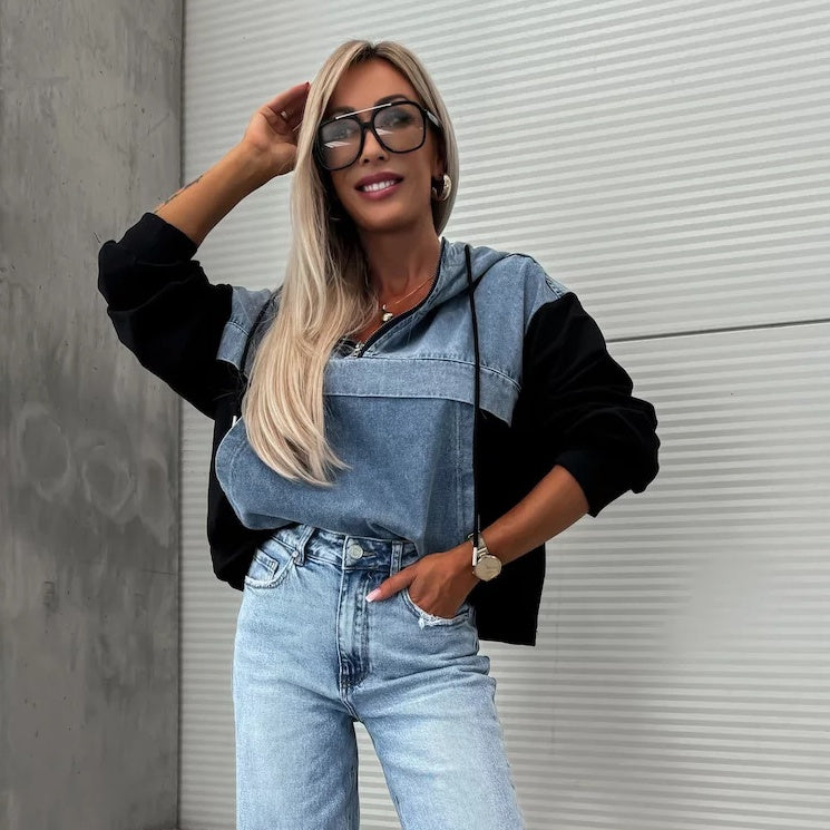 💕Femeii Stratificat Hoodie Denim Jacket cu cordon-1