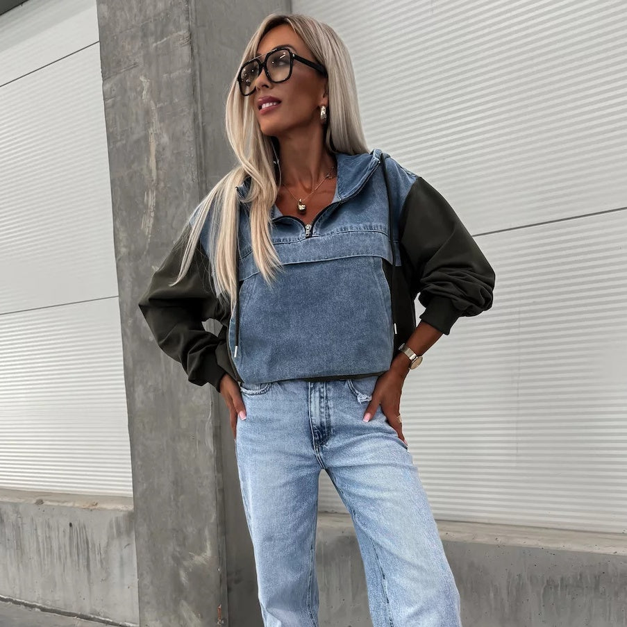 💕Femeii Stratificat Hoodie Denim Jacket cu cordon-2