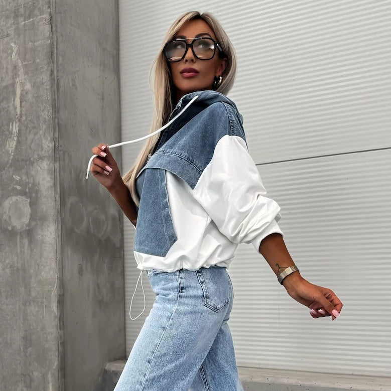 💕Femeii Stratificat Hoodie Denim Jacket cu cordon-6