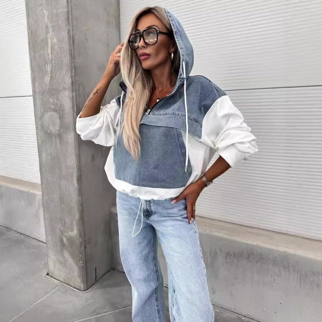 💕Femeii Stratificat Hoodie Denim Jacket cu cordon-4