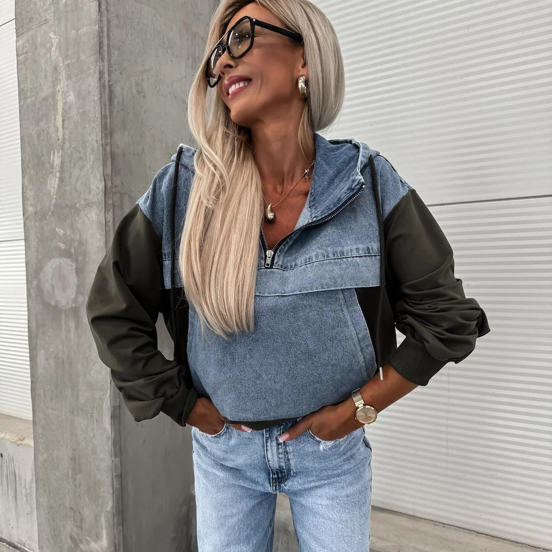 💕Femeii Stratificat Hoodie Denim Jacket cu cordon-5