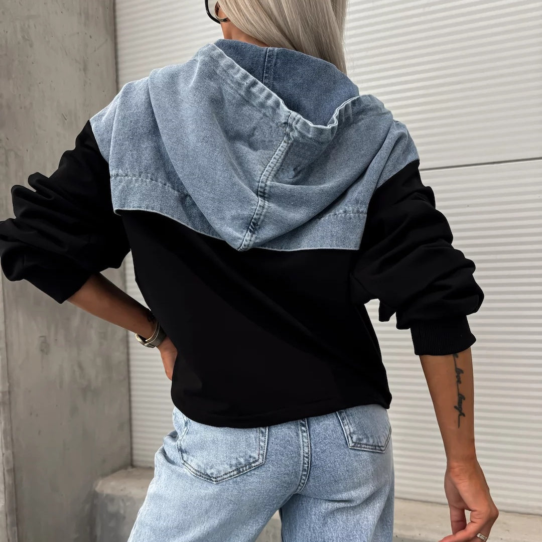 💕Femeii Stratificat Hoodie Denim Jacket cu cordon-7