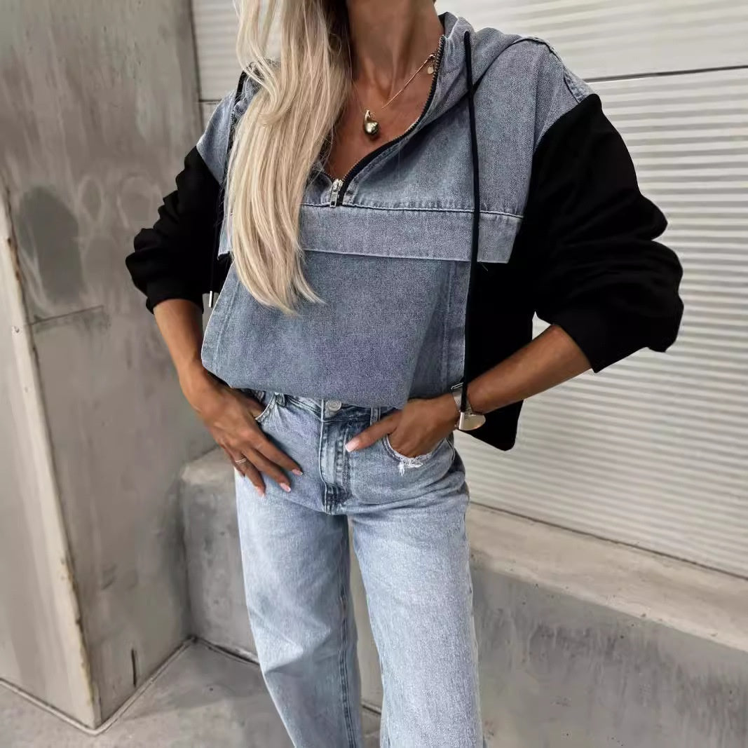 💕Femeii Stratificat Hoodie Denim Jacket cu cordon-8