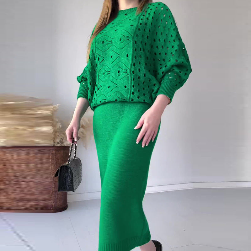 📦Livrare gratuită📦Set tricot Openwork cu mânecă lungă și rochie fără mâneci-1