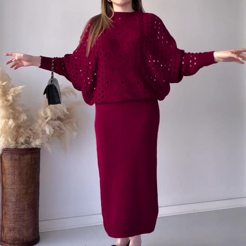 📦Livrare gratuită📦Set tricot Openwork cu mânecă lungă și rochie fără mâneci-3