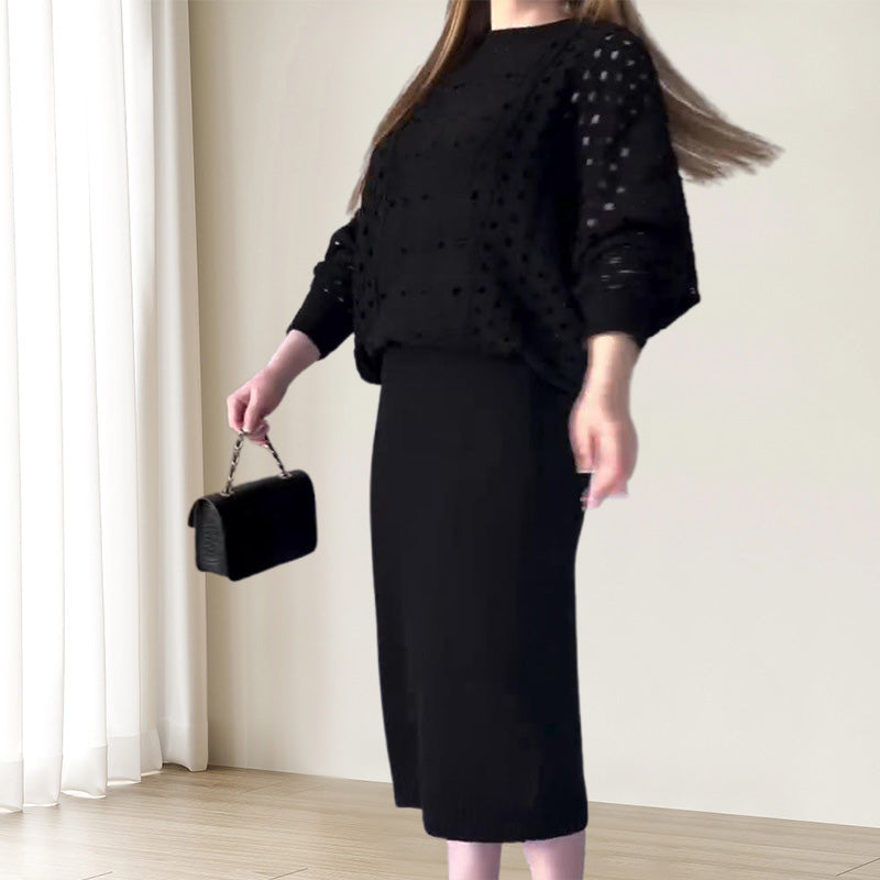 📦Livrare gratuită📦Set tricot Openwork cu mânecă lungă și rochie fără mâneci-6