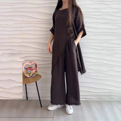 Дамски ежедневен костюм от 2 части с кръгло деколте