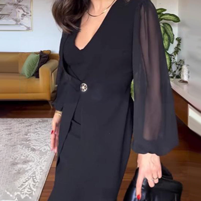 Rochie elegantă cu mânecă lungă, cu decolteu V-2