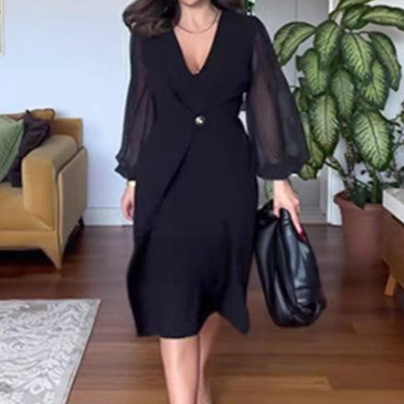 Rochie elegantă cu mânecă lungă, cu decolteu V-1