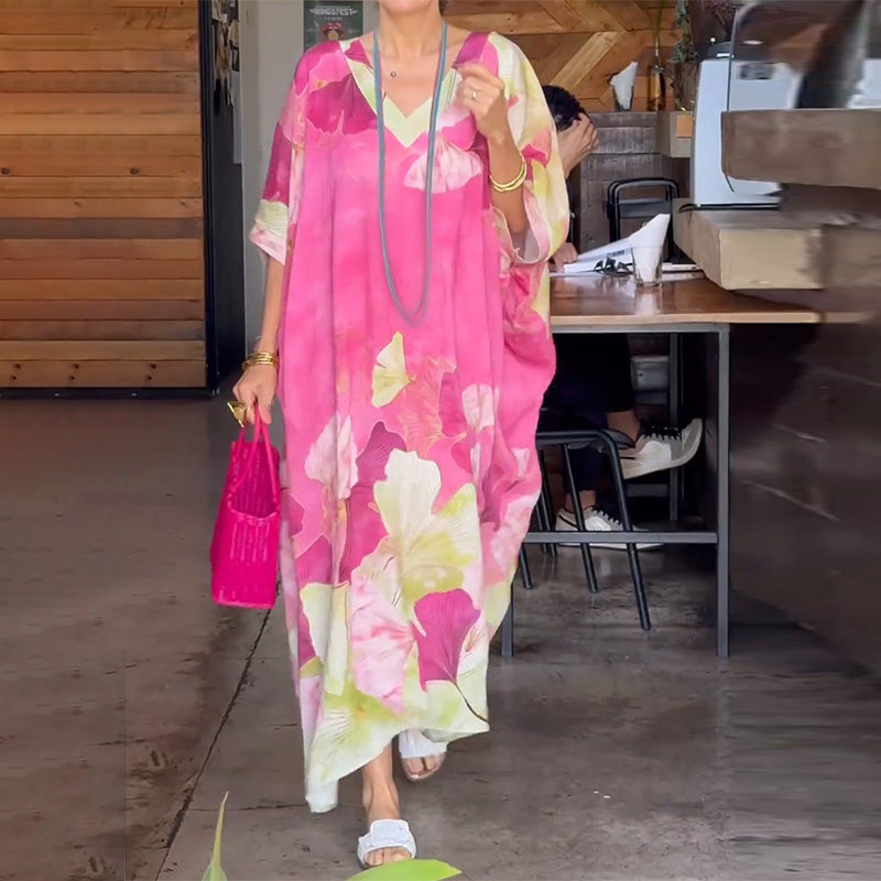 Rochie lungă lejeră cu mâneci pe jumătate cu imprimeu floral-4