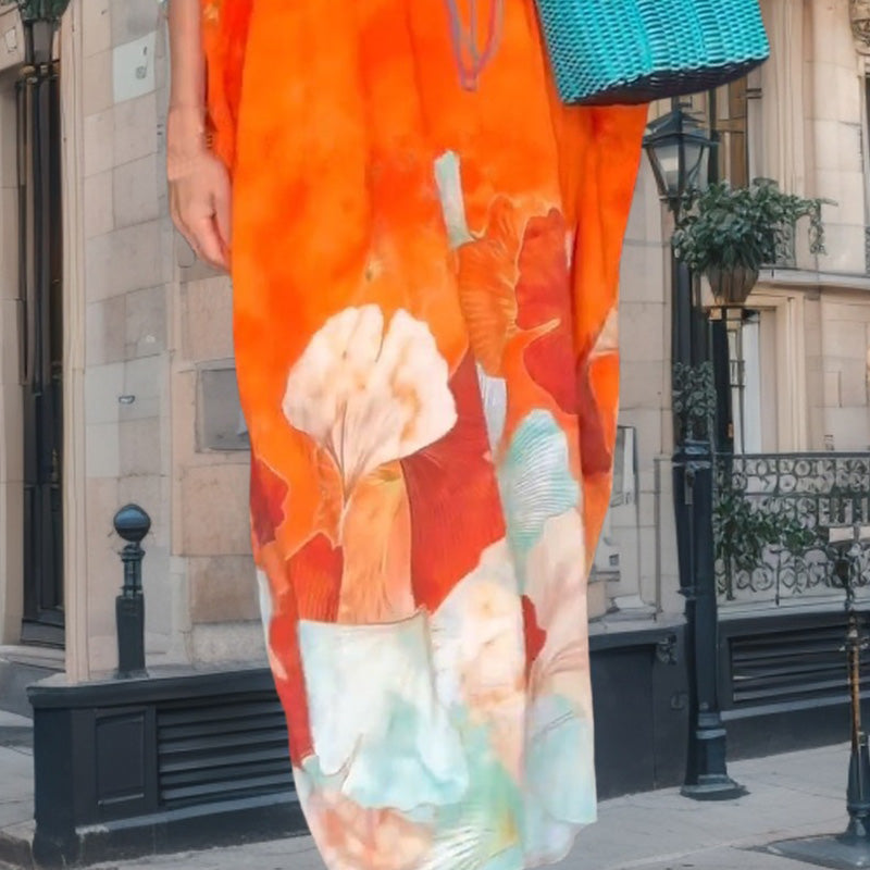 Rochie lungă lejeră cu mâneci pe jumătate cu imprimeu floral-9