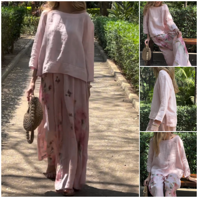 🌸Tricou solid + pantaloni largi imprimați-1