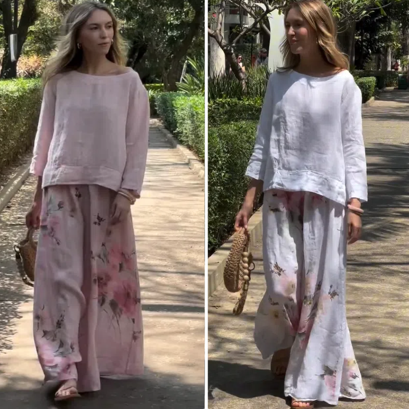 🌸Tricou solid + pantaloni largi imprimați
