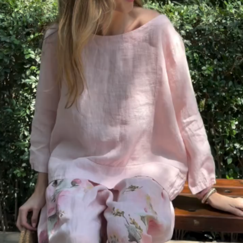 🌸Tricou solid + pantaloni largi imprimați-3