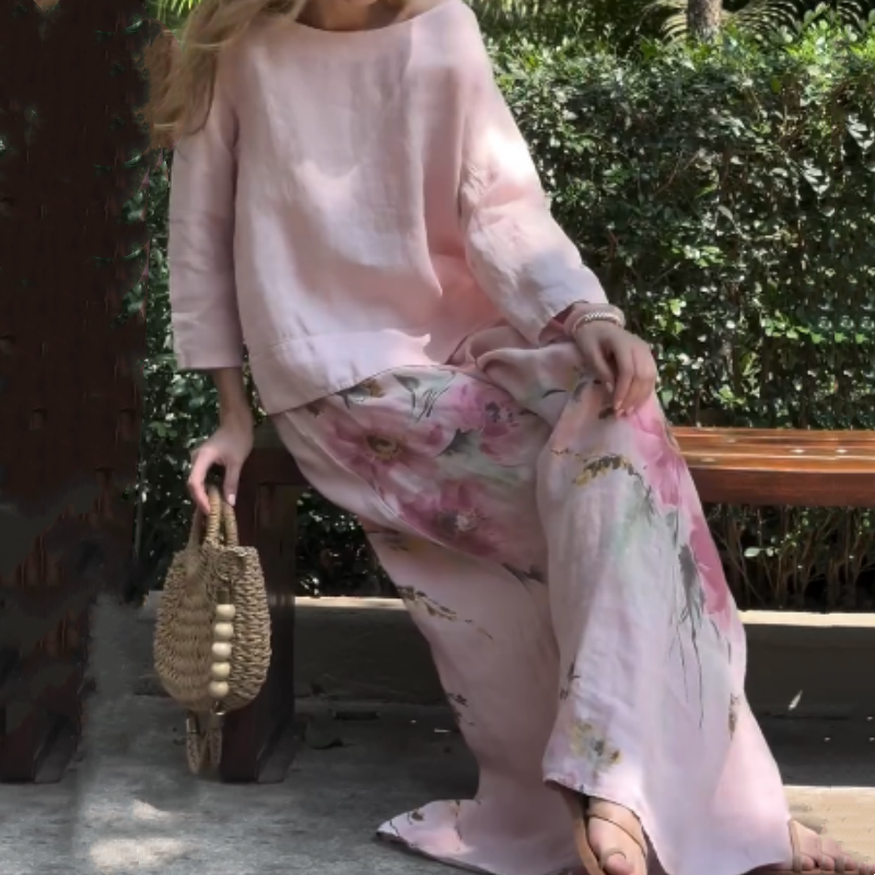 🌸Tricou solid + pantaloni largi imprimați-2
