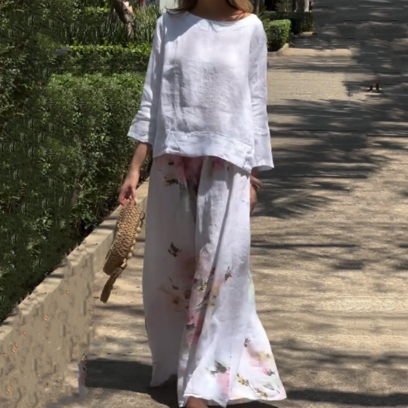 🌸Tricou solid + pantaloni largi imprimați-4
