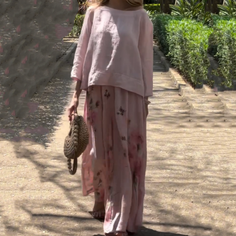 🌸Tricou solid + pantaloni largi imprimați-7