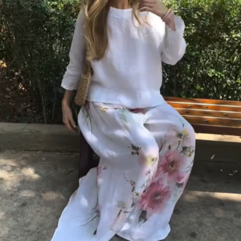 🌸Tricou solid + pantaloni largi imprimați-6