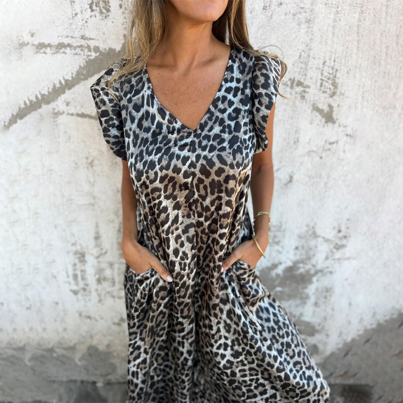 👖Salopetă pentru femei cu decolteu în V în imprimeu leopard și solid-1