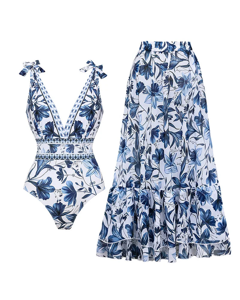 🌸Cel mai bine vândut! 🩱Costum de baie cu decolteu în V și fustă💃-16