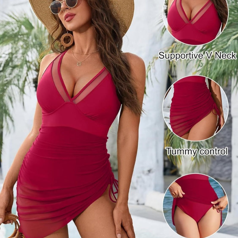 🩱Costum de baie din plasă, cu sarong, pentru slăbit-8