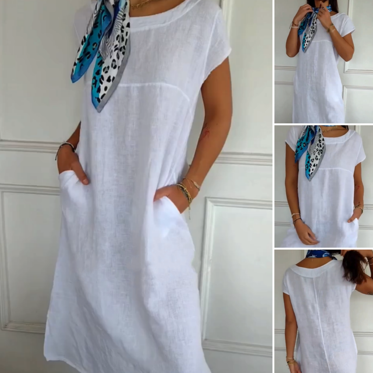 🌼Rochie din in pentru femei cu gât rotund și mâneci scurte